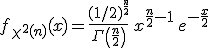 f_{\chi^2(n)}(x) = \frac{(1/2)^{n \over 2}}{\Gamma\left({n \over 2}\right)}\, x^{{n \over 2} - 1}\, e^{-\frac{x}{2}}